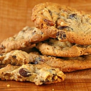 A Stack of Warm Homemade Oatmeal Raisin Cookies Food Picture