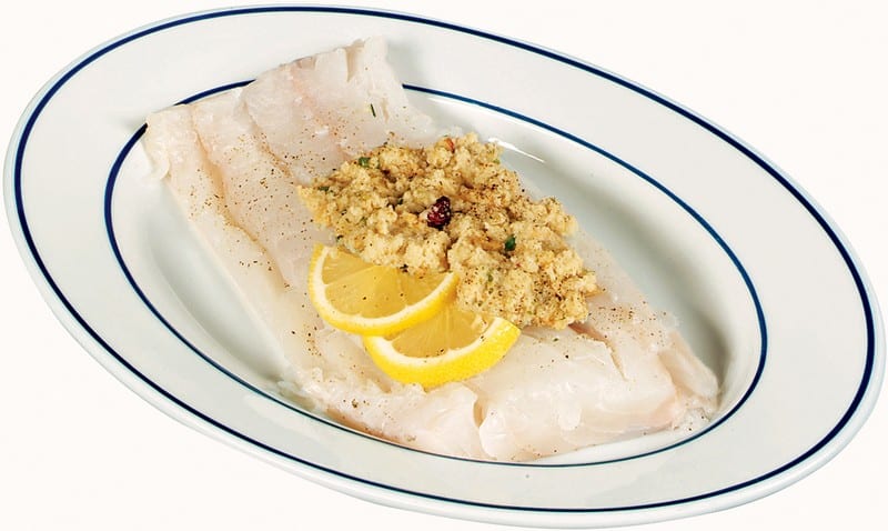 Stuffed Orange Roughy Fish with Garnish on White and Green Plate Food Picture