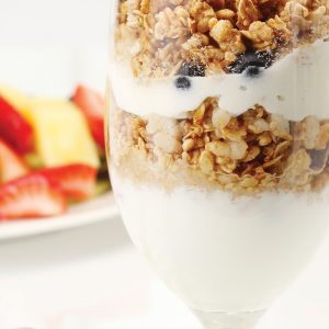 Fruit Yogurt Parfait with Granola in Clear Glass Food Picture