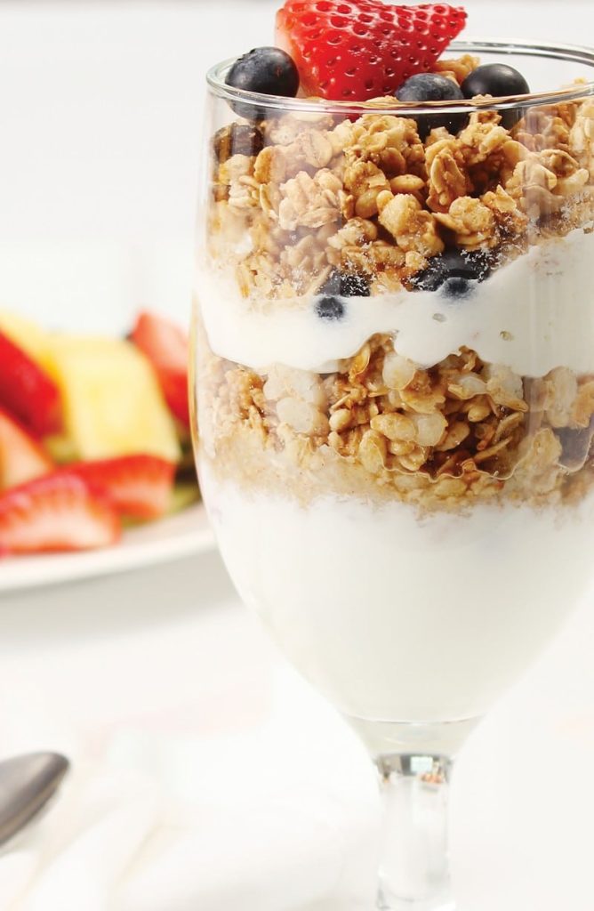 Fruit Yogurt Parfait with Granola in Clear Glass Food Picture