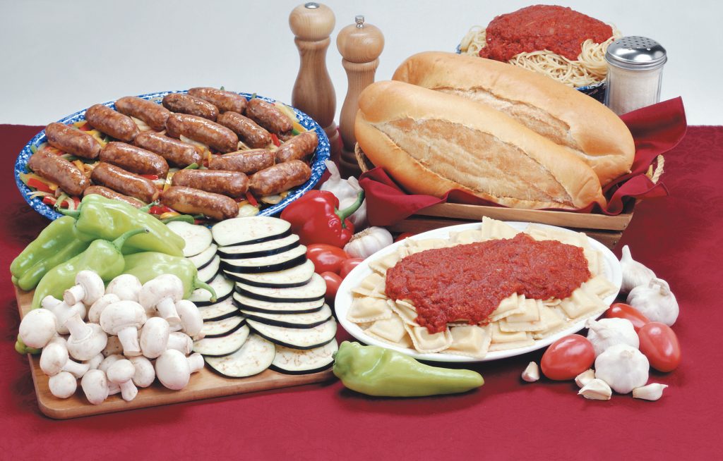 Assortment of Italian Foods and ingredients on Red Table Cloth Food Picture