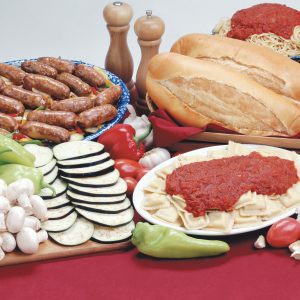 Assortment of Italian Foods and ingredients on Red Table Cloth Food Picture