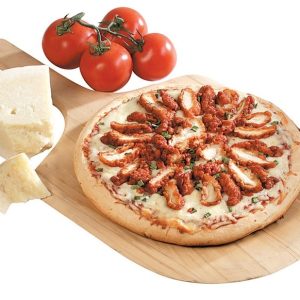 Buffalo Chicken Pizza on Wooden Pizza Board with Cheese and Tomatoes on Side Food Picture