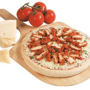 Buffalo Chicken Pizza on Wooden Pizza Board with Cheese and Tomatoes on the Side Food Picture