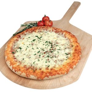 Cheese Pizza with Garnish on Wooden Board Food Picture