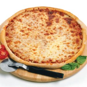 Cheese Pizza with Garnish and Pizza Cutter on Wooden Board Food Picture