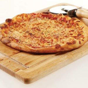 Cheese Pizza with Pizza Cutter on Wooden Cutting Board Food Picture