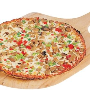 Peppers, Sausage, and Cheese Pizza on Wooden Pizza Board Food Picture