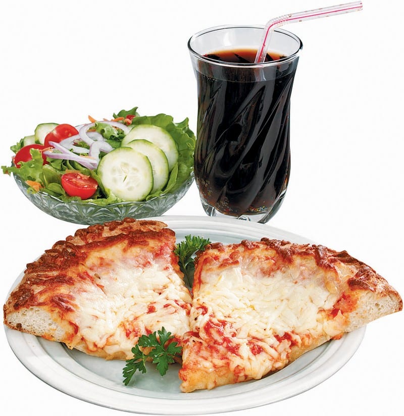 Slices of Cheese Pizza with Garnish on White Plate with Side Salad and Soda Food Picture