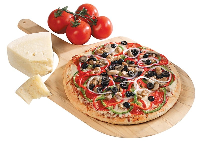 Deluxe Pizza with Toppings on Wooden Board Food Picture
