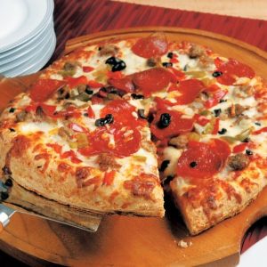Deluxe Pizza on Wooden Board Food Picture