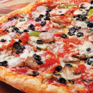 Deluxe Pizza on Wooden Surface Food Picture