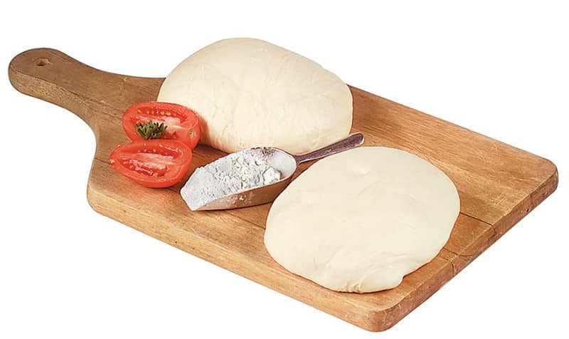 Pizza Dough with Flour and Tomato on Wooden Board Food Picture