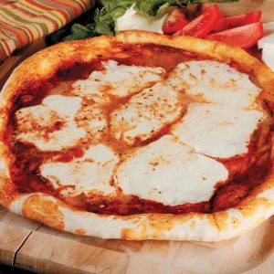 Fresh Mozzarella Pizza with Toppings on Side on Wooden Board Food Picture