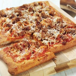 Meat Pizza on Wooden Surface Food Picture