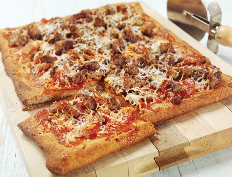 Meat Pizza on Wooden Surface Food Picture