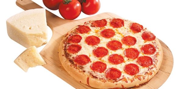 Pepperoni Pizza on Wooden Pizza Board With Tomato and Cheese Garnish Food Picture