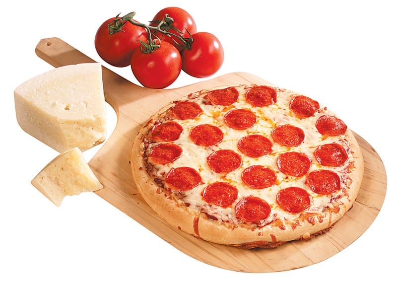 Pepperoni Pizza on Wooden Pizza Board With Tomato and Cheese Garnish Food Picture