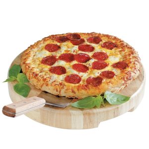 Pepperoni Pizza on Wooden Board with Garnish Food Picture