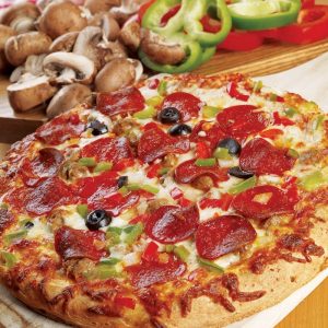 Pepperoni Pizza with Peppers, Mushrooms, and Olives Food Picture