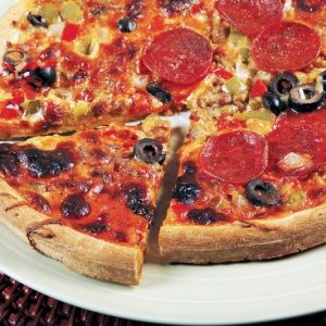 Pepperoni Pizza with Assorted Veggies on White Plate Food Picture