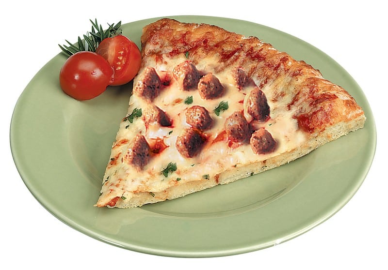 Sausage Pizza Slice with Tomato Garnish on Green Plate Food Picture