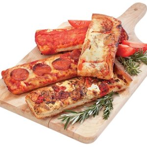 Assorted Pizza Strips with Garnish on Wooden Board Food Picture