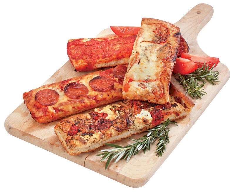 Assorted Pizza Strips with Garnish on Wooden Board Food Picture