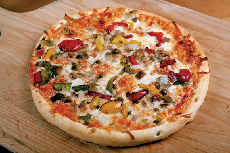 Veggie Pizza on Wooden Surface Food Picture