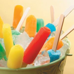 Assorted Mini Popsicles in Green Dish with Ice Food Picture