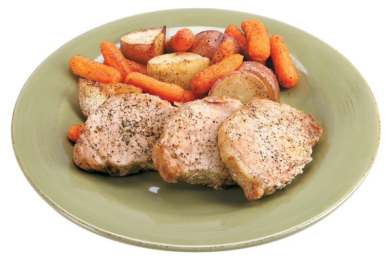 Pork Chops on a Plate with Carrots and Potatoes Food Picture