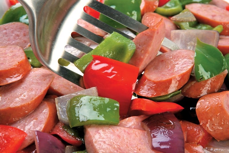 Sliced Cooked Pork Kielbasa with Onions and Peppers Food Picture