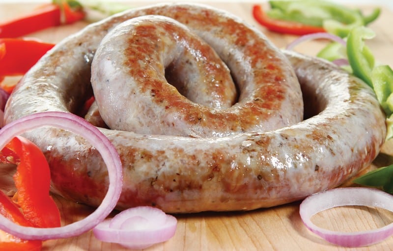 Fresh Cooked Pork Sausage Loop on Cutting Board Food Picture