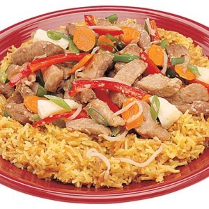 Pork Stir Fry over Rice on Red Plate Food Picture