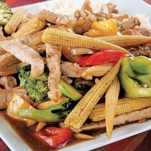 Pork Stir Fry on White Plate Food Picture