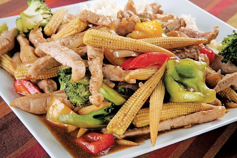 Pork Stir Fry on White Plate Food Picture
