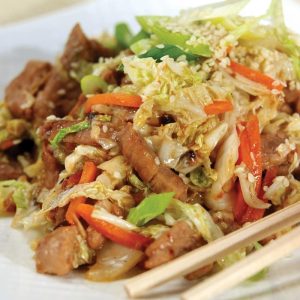 Pork Stir Fry with Wooden Chopsticks on White Plate Food Picture