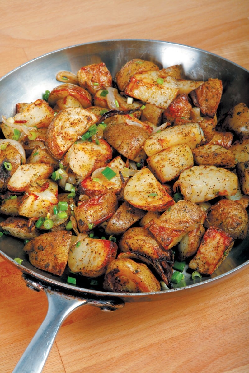 Roasted Potatoes in Pan on Wooden Surface Food Picture