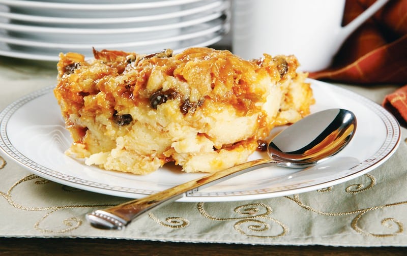 Bread Pudding on White Plate with Spoon Food Picture