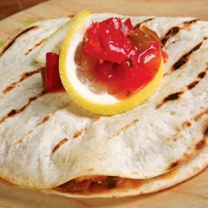 Seafood Quesadilla with Garnish on Wooden Surface Food Picture