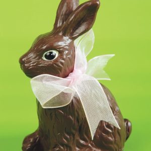 Milk Chocolate Rabbit with Pink Bow on Green Background Food Picture