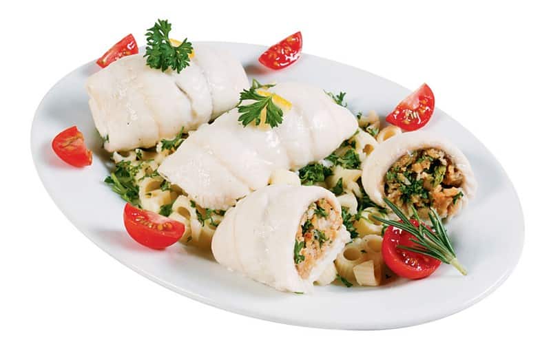 Raw Flounder Fillet Stuffed over Pasta in White Dish Food Picture