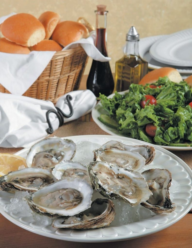 Raw Half Shell Oysters over Ice on White Plate Food Picture