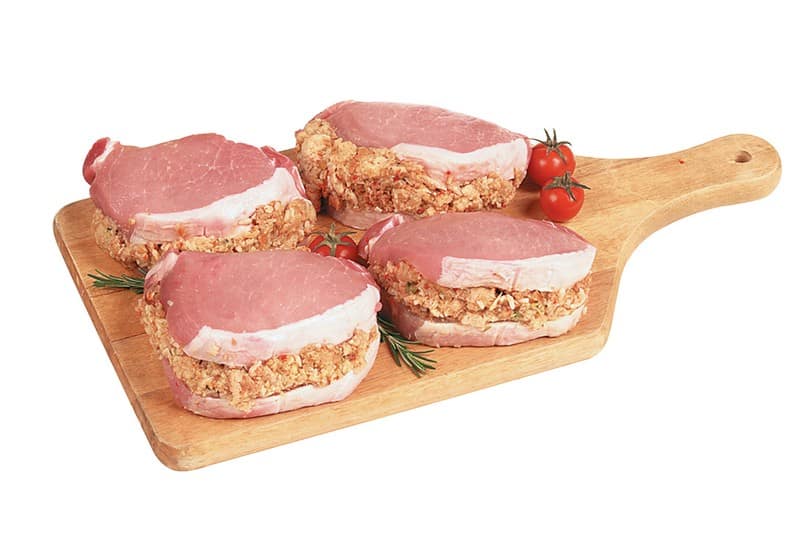 Fresh Raw Stuffed Pork Chops on Cutting Board Food Picture