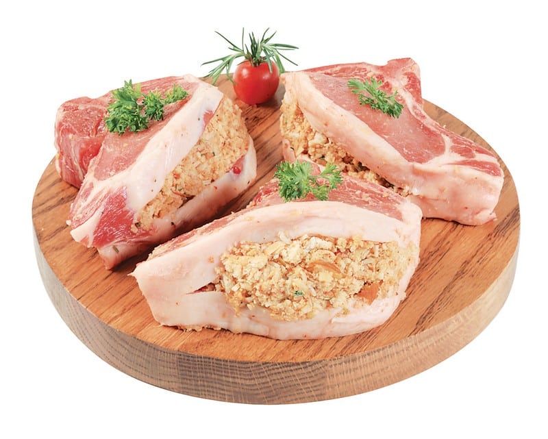 Fresh Raw Stuffed Pork Chops on Cutting Board Food Picture