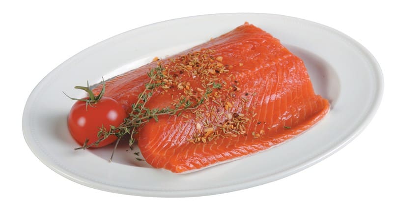 Salmon sockeye with garnish on white plate with white background Food Picture
