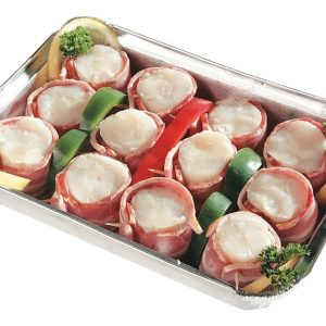 Bacon wrapped scallops in an aluminum pan on a white background Food Picture