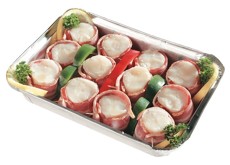 Bacon wrapped scallops in an aluminum pan on a white background Food Picture
