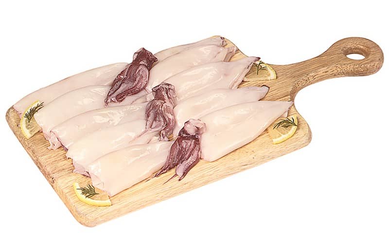 Cleaned Raw Squid with Garnish on Wooden Surface Food Picture