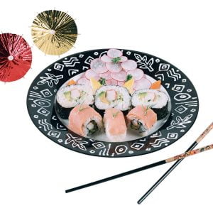 Raw Sushi on Black and White Plate with Chopsticks and Umbrellas Food Picture